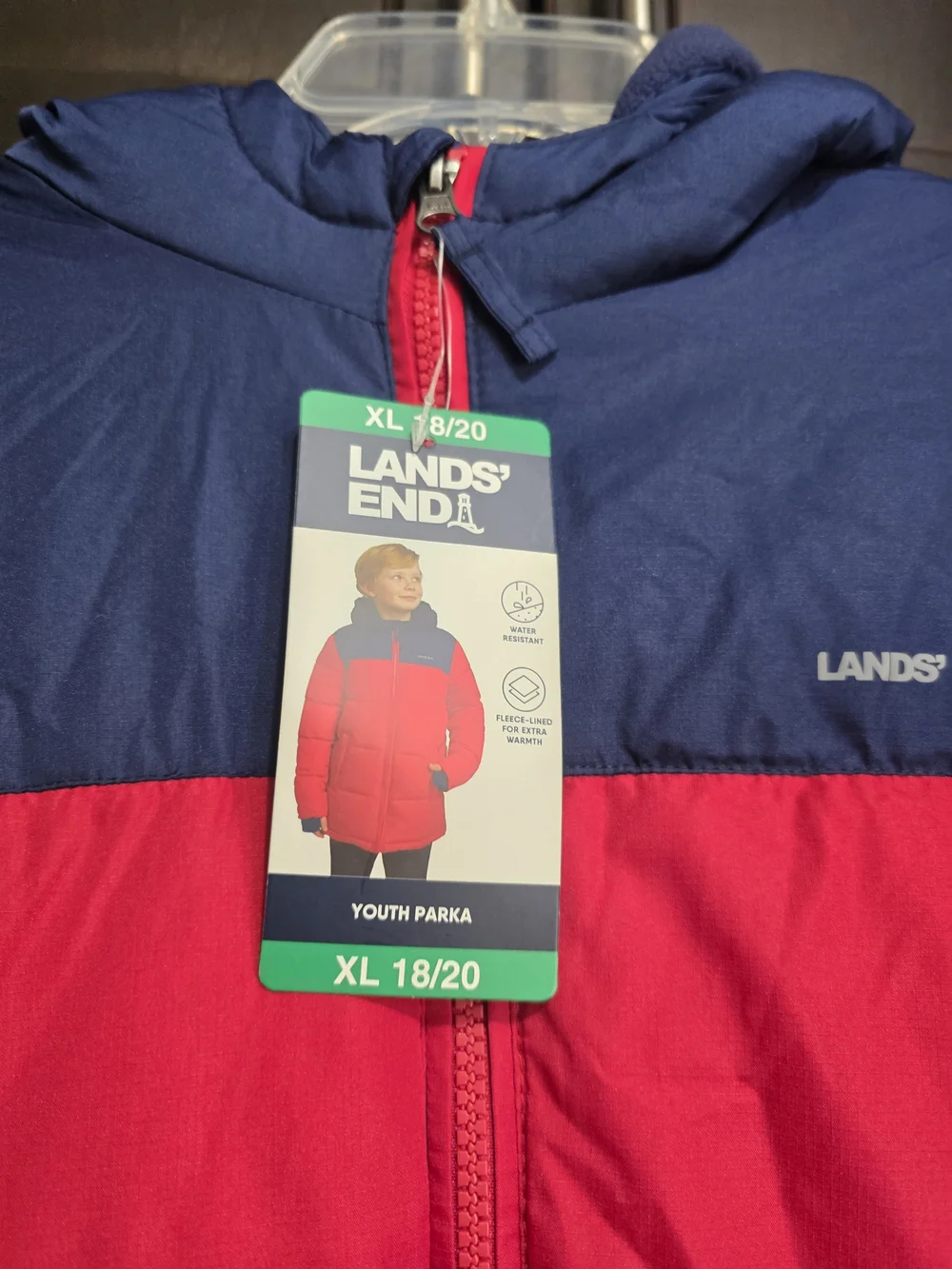 Lands' End Kids' Red & Navy Hooded Puffer Jacket Youth 18/20